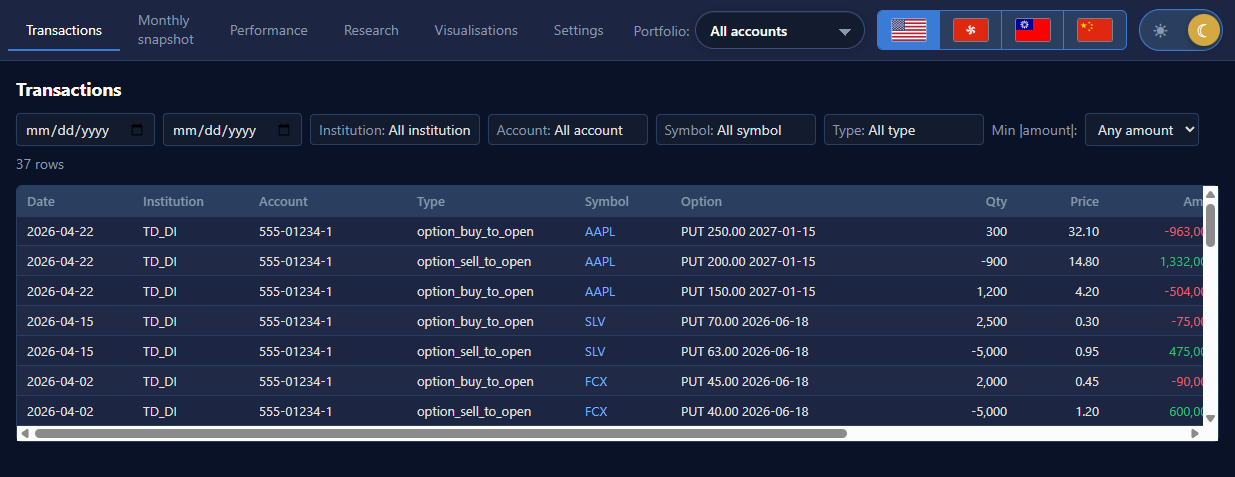 Trade History transactions screenshot